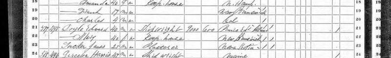 Handwritten 1870 U.S. Census entry showing Edward Doyle, age 40, occupation Shipwright, with wife Mary and boarder James Tucker