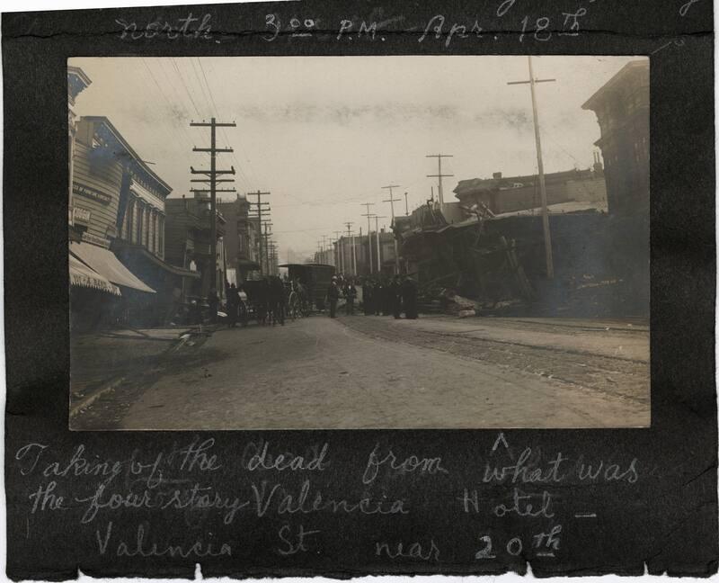 The collapsed four-story Valencia Hotel on Valencia Street near 20th after the 1906 earthquake, with the building tilted and sunk into the street